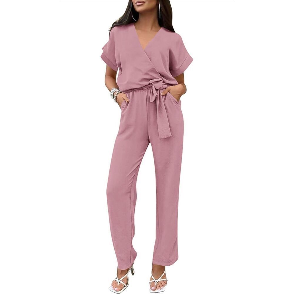 NEW Pink Jumpsuit V Neck Short Sleeve 1 Pc Romper XL NO BELT